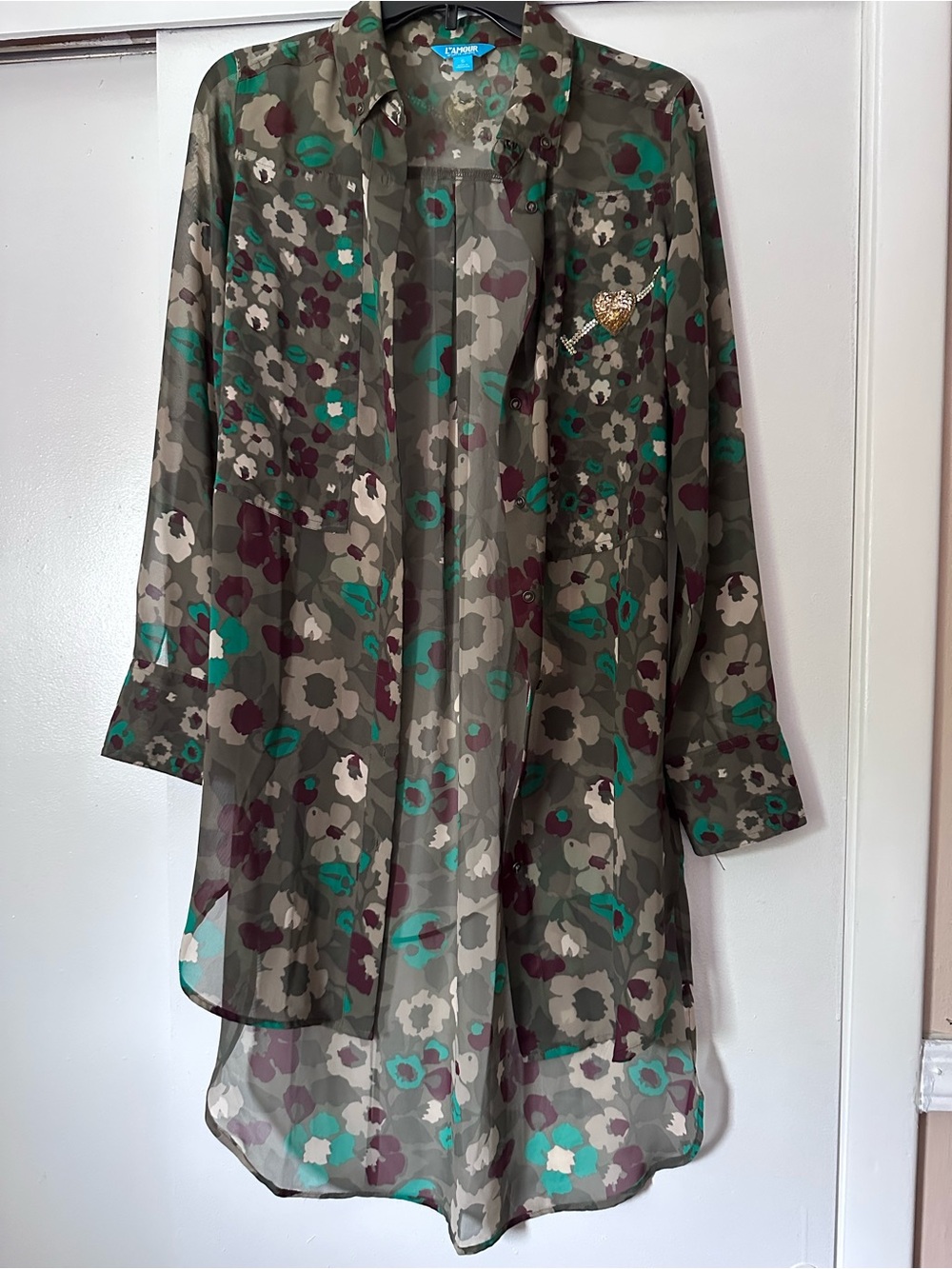 L'Amour Olive Button-Up Shirt with Green & Brown Floral Print